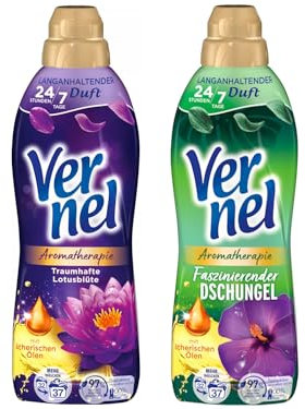 VERNEL Weichspüler-Set 2x 37 Waschladungen (74WL) Aromatherapie 1x Faszinierender Dschungel & 1x Traumhafte Lotusblüte, langanhaltender Wäscheduft mit ätherischen Ölen für 24/7 Frische