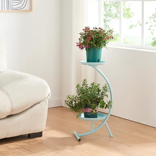 [en.casa] Stand Portapiante con 2 Piani Portavasi Supporto a Forma di C Portafiori in Metallo Espositore per Piante a 2 Livelli 61,5 x 30 x 25 cm Azzurro
