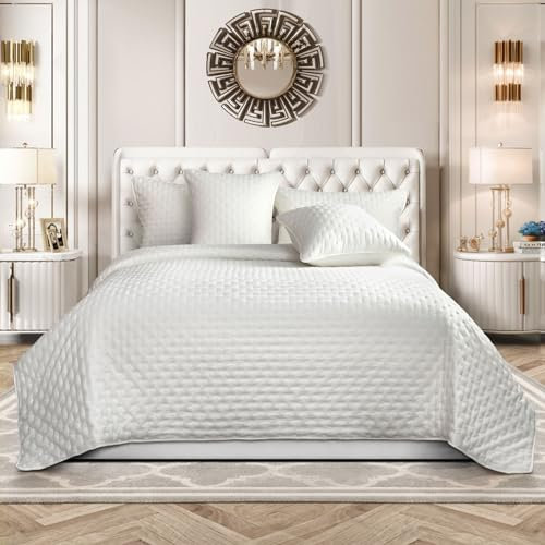 Elegante colcha acolchada de 3 piezas, versátil para todas las estaciones, juego de ropa de cama reversible de microfibra suave, para decoración de dormitorio, edredón reversible (blanco)