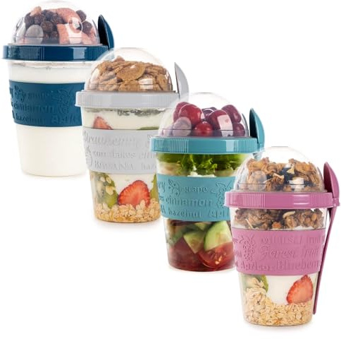 Seveston Yogurt Pots 4PCs Reusable 600ml overnight oats jar with lid & Spoon On The Go Breakfast Cereal Storage Containers snack pots Oatmeal Jars Set of 4 (Navy Blue, White, Turquoise, Pink)