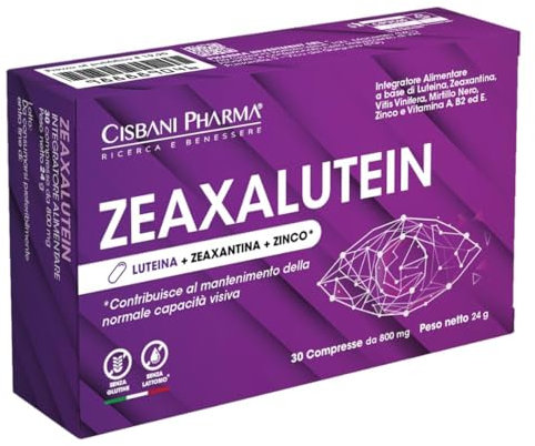 Zeaxalutein Integratore Occhi ad Alto Dosaggio, Antiossidante con Luteina e Zeaxantina, per la Normale Capacità Visiva con Mirtillo Nero, Zinco, Vitamine A, B2, E, 30 Compresse da 800mg CISBANI PHARMA