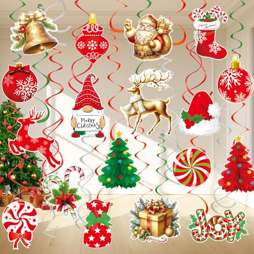36PCS Christmas Ceiling Decorations,Wentsent Christmas Hanging Swirl Decorations Kit with Red Xmas Candy, Santa Hat, Gifts, Elk, Socks, Bells, Gnome,Swirl hanging for Xmas Party Supplies