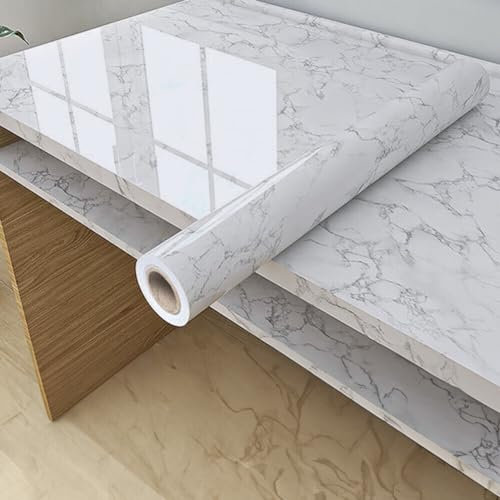 Marble Sticky Back Plastic Wallpaper, 60 cm X 10 M Self Adhesive Furniture Sticker, Granite Vinyl Wrap Contact Paper, Waterproof PVC Roll for Kitchen Countertop, Easy to Remove (White/Grey Marble)