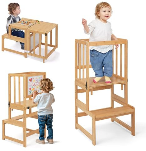 COSYLAND 3-in-1 Lernturm für Kinder - Klappbarer Learning Tower mit Tafel - Multifunktionaler, Faltbarer Holz-Lernturm für Küche, Tisch und Bad, ab 18 Monaten (Naturfarbe)