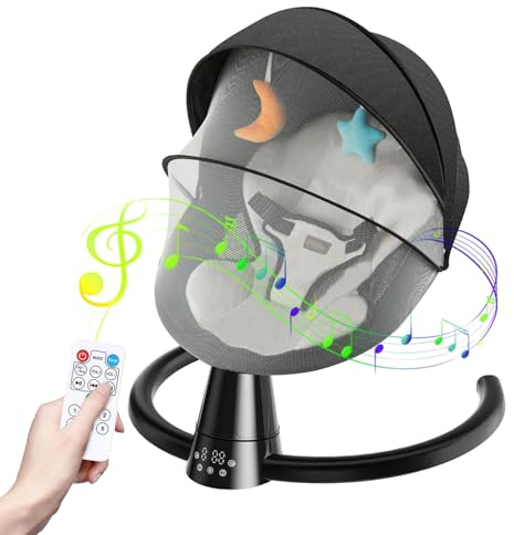 Electric Baby Bouncer with Bluetooth, Baby Bouncer Chair with 5 Swing Speed, 3-Stage Timer and Remote Control, Portable Swing Chair from Birth for Newborn Boys Girls (Black)