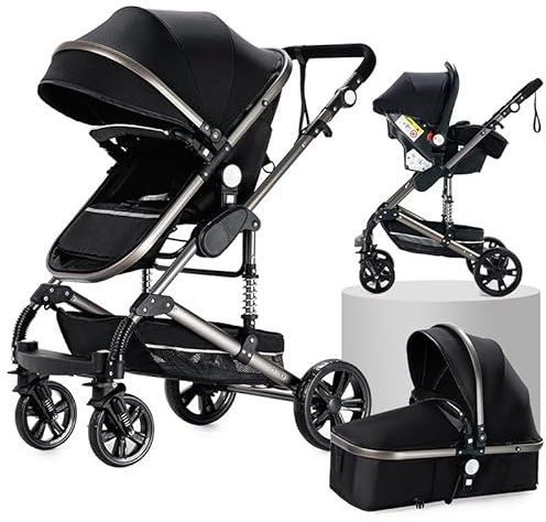 Cochecito reversible 3 en 1,suspensión delantera,plegado compacto con un solo toque para fácil almacenamiento(negro)