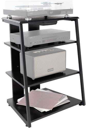 Stagecaptain HiFi Rack - Schwarze Esche Holzoptik, Stahlgestell – 4 Ebenen HiFi Regal, je zwischen 20-50 kg Tragkraft - Schublade & verstellbare Füße – Ideal für Plattenspieler, HiFi-Komponenten usw.