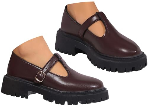 Zapatos Mary Jane para mujer, clásicos, con correa en T, planos, piel sintética, mocasines de centavo, para trabajo de oficina, rojo vino, 37 EU