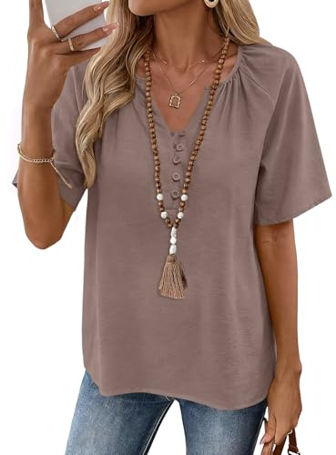 Rapbin Camicia da donna con scollo a V, top estivo, elegante, in cotone, casual, da S a XXL, marrone, XL