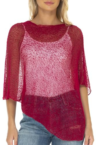 SHU-SHI Dam Sheer Stickad Poncho Shrug Lätt täcka upp en storlek passar de flesta, Körsbärsröd, one size