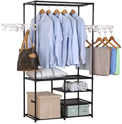 WOLTU Kleiderständer mit Ablage und Haken, Kleiderstange Garderobenständer Hängeregal Standregal Schuhablage, Schwarz