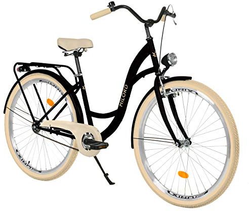 MILORD Bicicleta de Confort Negro y Crema de 1 Velocidad y 28 Pulgadas con Soporte Trasero, Bicicleta Holandesa, Bicicleta para Mujer, Bicicleta Urbana, Retro, Vintage