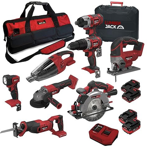 LUMBER JACK 20V 8-Piece Cordless Power Tool Kit with Angle Grinder, Jigsaw, Impact Driver, Hammer Drill, Reciprocating Saw, Circular Saw, Vacuum Cleaner, Torch, Charger, Batteries and Bags