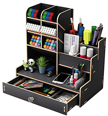 Hggzeg Schreibtisch-Organizer aus Holz, Selbstmontage, Schreibtischset, große Kapazität, Schreibtisch-Butler, mit Schublade, Stifthalter für Zuhause, Büro und Schule, B17, Schwarz