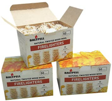 Firelighters Accendifuoco in Lana di Legno di Pino Naturale, inodore ed Ecologico, 50 Pezzi per Scatola. Ottimo per l'accensione del Fuoco in stufe, Barbecue, forni per Pizza e affumicatori.