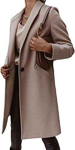 Vagbalena Mujer invierno mezcla de lana camello Midi abrigo botón abrigo solapa doble botonadura solapa chaqueta abrigo negocios Oficina Parka (Albaricoque,XL)