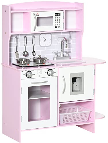 HOMCOM Children Wooden Play Kitchen w/Lights Sounds, Kids Kitchen Playset w/Water dispenser, Microwave, Utensils, Sink, Storage, for Ages 3-6 Years - Pink