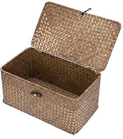 OLegei Panier de rangement en osier panier avec couvercle panier pour étagère boîte de rangement organisateur de table (31 x 18 x 15cm) Café