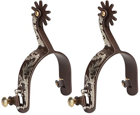 2 Stück Western Cowboy Sporen Handgefertigter Echtleder-Reitsporn mit Drehbarem Zahnrad, Sporenriemen Vintage Bronze Kohlenstoffarmer Stahl Reitzubehör für Pferde