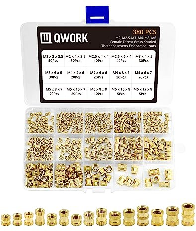 QWORK® 380 piezas tuercas moleteadas de rosca hembra, nserto roscado de latón M2 M2.5 M3 M4 M5 M6 para piezas de plástico piezas de impresora 3D por calor o ultrasónico