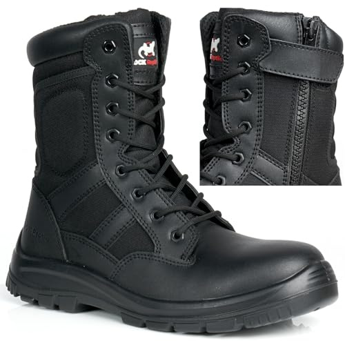 Taskforce Mens Black Leather Combat Safety Boots Steel Toe Cap Work Lightweight Waterproof Military Patrol Shoes S1P SRC Zip/Lace Up Ankle Boots Size