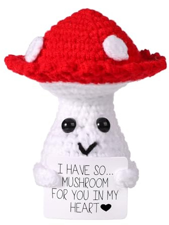 Funny Positive Mushroom, 3.93in Creative Cute Emotional Support Knitted Wool Potato Doll with Inspirational Card Mushroom Nuggets Crochet Lucky Gift for Plush Birthday Party Decoration Encouragement