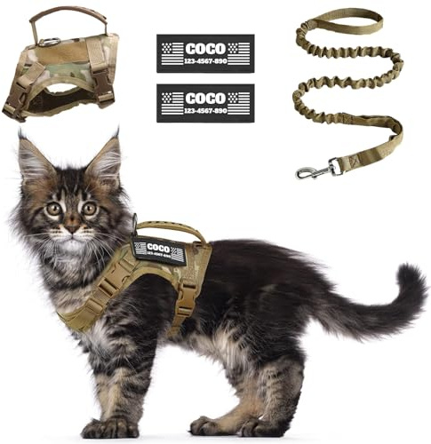 CHRYMPETIC Tactical Cat Harness Escape Proof for Walking with Personalized Patches - Adjustable Cat Harness 8-20lbs Escape Proof - Soft Vest for Large Kitty with Optional Leash (Camo)