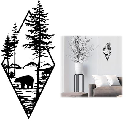 Decorazioni da Parete, Decorazioni Camera da Letto In Metallo, Decorazioni Pareti Moderno, Quadri In Metallo Artistico, Scultura da Parete per Interni/Esterni e Giardino, Foresta e Orso, Nero, 1 Pezzo