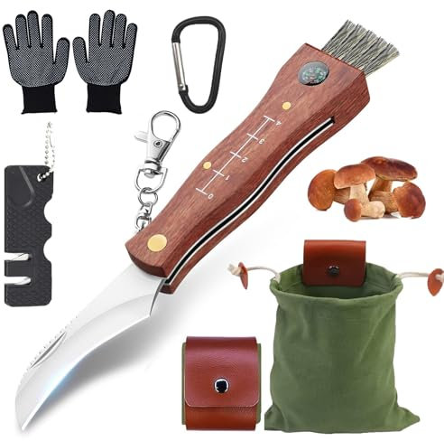 XHYASD Pilzmesser mit Bürste, Tragbar Pilzsammler Set, Edelstahl Klapp Pilzmesser für Den Außenbereich mit Handschuhe Pilztasche Scheide Schleifstein Kompass und Karabiner