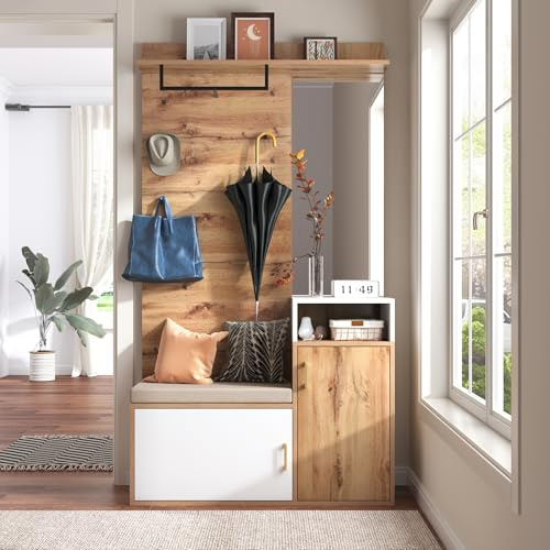 Moimhear Appendiabiti da parete, ci devono essere fori nel muro, set appendiabiti bianco e color legno con specchio, scarpiera, appendiabiti, panca e appendiabiti