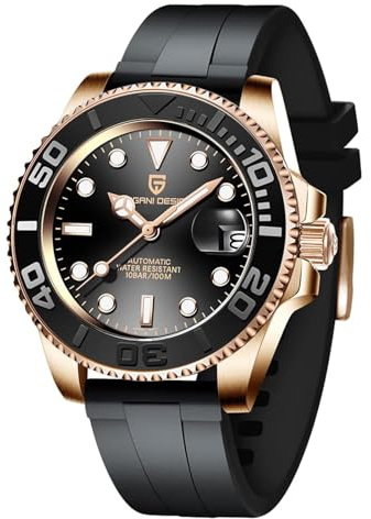 SUZAKU Herrenuhr Automatik NH35 Mechanische Uhr Edelstahl Saphirglas Drehbare Lünette 100m Wasserdicht Leuchtende Herren Business Automatikuhr(Band Gold Schwarz)