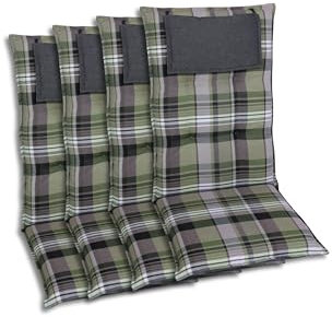 GO-DE Textil Bequeme und attraktive Polsterauflagen für Hochlehner-Gartenstühle (4er-Set, Karo Grün-Grau, Hochlehner)