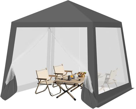 WOLTU Pérgola Jardín Pabellón de Jardín Cenador Plegable con Techo Carpa para Exteriores de Tela Oxford y Paredes de Malla, 3x3 m, para Camping, Jardín, Playa,Gris