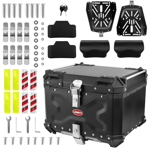 LASIEYO Motorcycle Top Case, 55L Aluminum Motorcycle Trunk with Anti-Theft Security Lock, 2pcs Baseplates and Backrests, Waterproof and Dustproof Universal Motorbike Top Case for Storage Helmet, Black