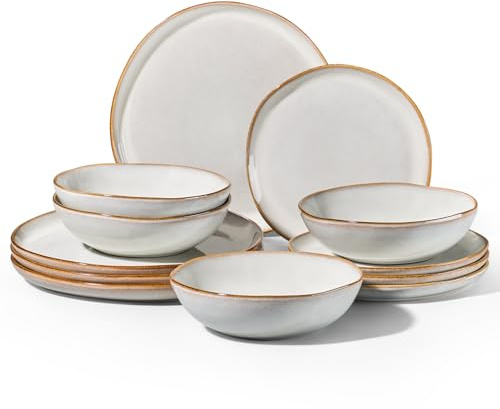 Homikit 12Pcs Dinner Set, Reactive Glaze Stoneware for 4, Cappuccino White | Irregular Shape Plates and Bowls Set for Home Dinner Camping, Non-Toxic & Scratch Resistant, Microwave and Dishwasher Safe