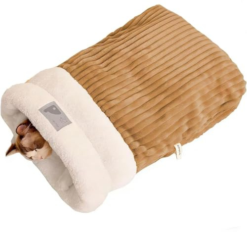 LSYZHX Cat Sleeping Bag, Soft Comfortable Winter Cave Bed Nest for Cats and Dogs up to 12 Pounds, Made of Cotton, Size L Brown