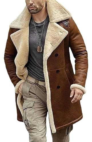 J'Jackin Brown B3 Shearling Leather Coat for Men – Classic Long Aviator Trench Coats XX-Large