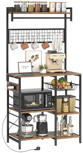 HOMCOM Estantería de Cocina con Tres Enchufes y Luces LED, Estantería de Panadería Industrial con Estantes para Microondas, Cesta de Malla Metálica, 10 Ganchos, Barra 80x42x162 cm, Marrón Rústico