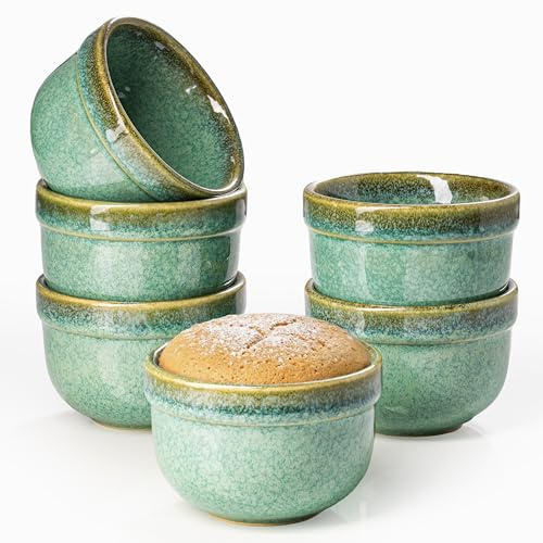 Souffle Moldes de porcelana, 6 unidades, color verde, 180 ml, mini bandeja para horno, esmalte verde, cuencos de postre, porcelana, aptos para horno y microondas