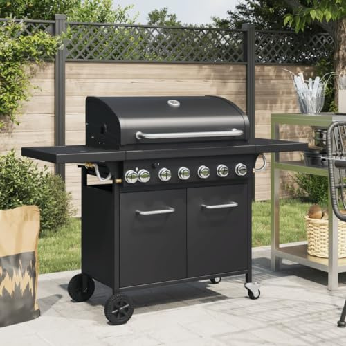 Mokuyary Barbecue Gril à gaz avec 7 brûleurs Noir Acier Enduit de Poudre Grille avec Roues, Chariot à Barbecue pour Terrasse, Extérieur, Jardin, Camping