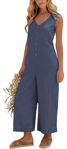 Omoone Womens Cotton Linen Dungarees Button Down Sleeveless Casual Jumpsuit