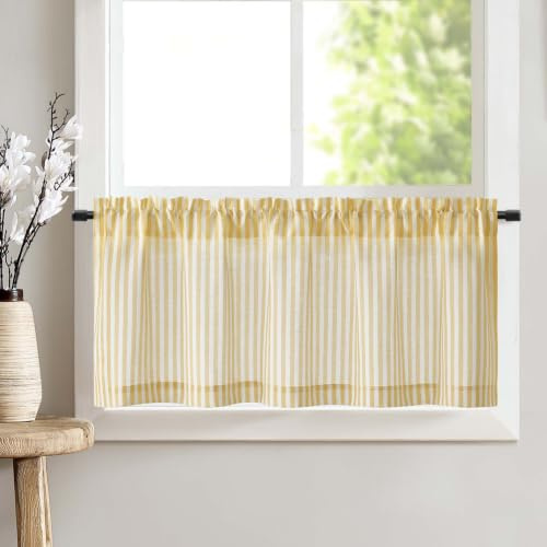 TOPICK Yellow Stripe Kitchen Curtain, Cafe Curtain Valance 1 Panel, W50xL16 | Linen Look Light Filtering Small Short Curtains for Living Room, Bathroom, Cupboard, Bedroom, Sink, Basement