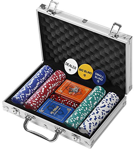 Rally and Roar Professional Poker Set w/ Hard Case, 2 Card Decks, 5 Dice, 3 Buttons - 200 Chips