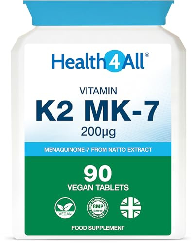Health4All Natural Vitamin K2 MK7 200mcg from Natto, 90 Tablets 3 Months Supply, All-Trans MK-7 from Beans Fermentation, High Strength VitK2 Vitamin Supplement, Vegan Menaquinone | Made in UK