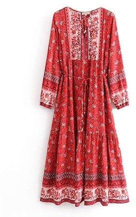 Robe Longue Bohème à Manches Longues pour Femme, Style Décontracté, Floral, Évasé, Fluide, Hippie, Rouge, L