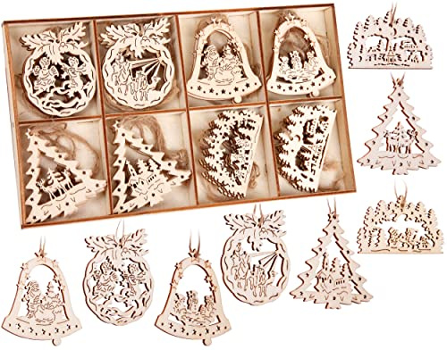 BRUBAKER 24-TLG. Weihnachtsanhänger Set - Baumschmuck aus Holz ca. 6 cm