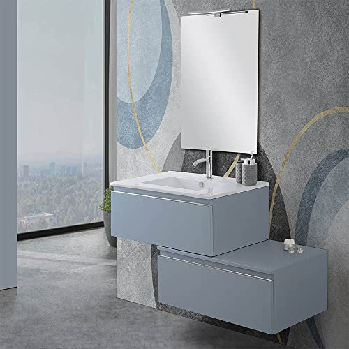 Mobile Bagno sospeso con lavabo 80, Doppia cassettiera 80 cm Blu Pastello Opaco con Chiusura Soft-Close, lavabo da Incasso in Ceramica 80 x 50 cm e Specchio Reversibile a Filo Lucido 60 x 80 cm