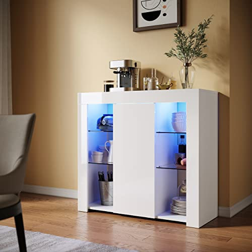 SUNXURY Kommode Küchenschrank Sideboard mit LED Beleuchtung Weiß Hochglanz Wohnzimmermöbel Wohnzimmerschrank Standschrank Design für Küche Schlafzimmer B90 x T35 x H83 cm
