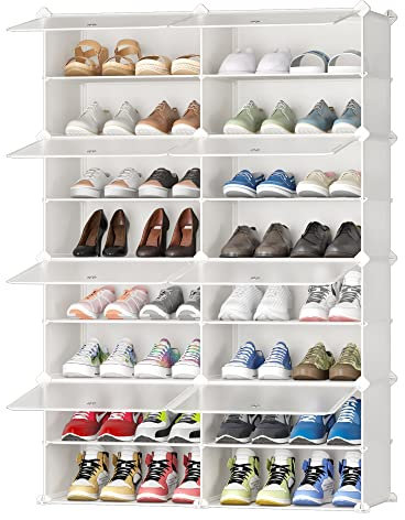JOISCOPE Kunststoff Schuhschrank,DIY einfaches Schuhregal, schmal, mit Tür, Stahlrahmen, stabil, für Flure, Schlafzimmer, Eingangsbereiche,Weiß mit Transparenter Tür, 2 * 8