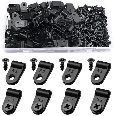 VooGenzek 100 Stück 5.3mm (3/16 Zoll) Nylon R-Type Kabelhalter, R Typ Cable Clip Drahtklemme mit 100 Stück Schrauben, für Drahtmanagement (Schwarz)